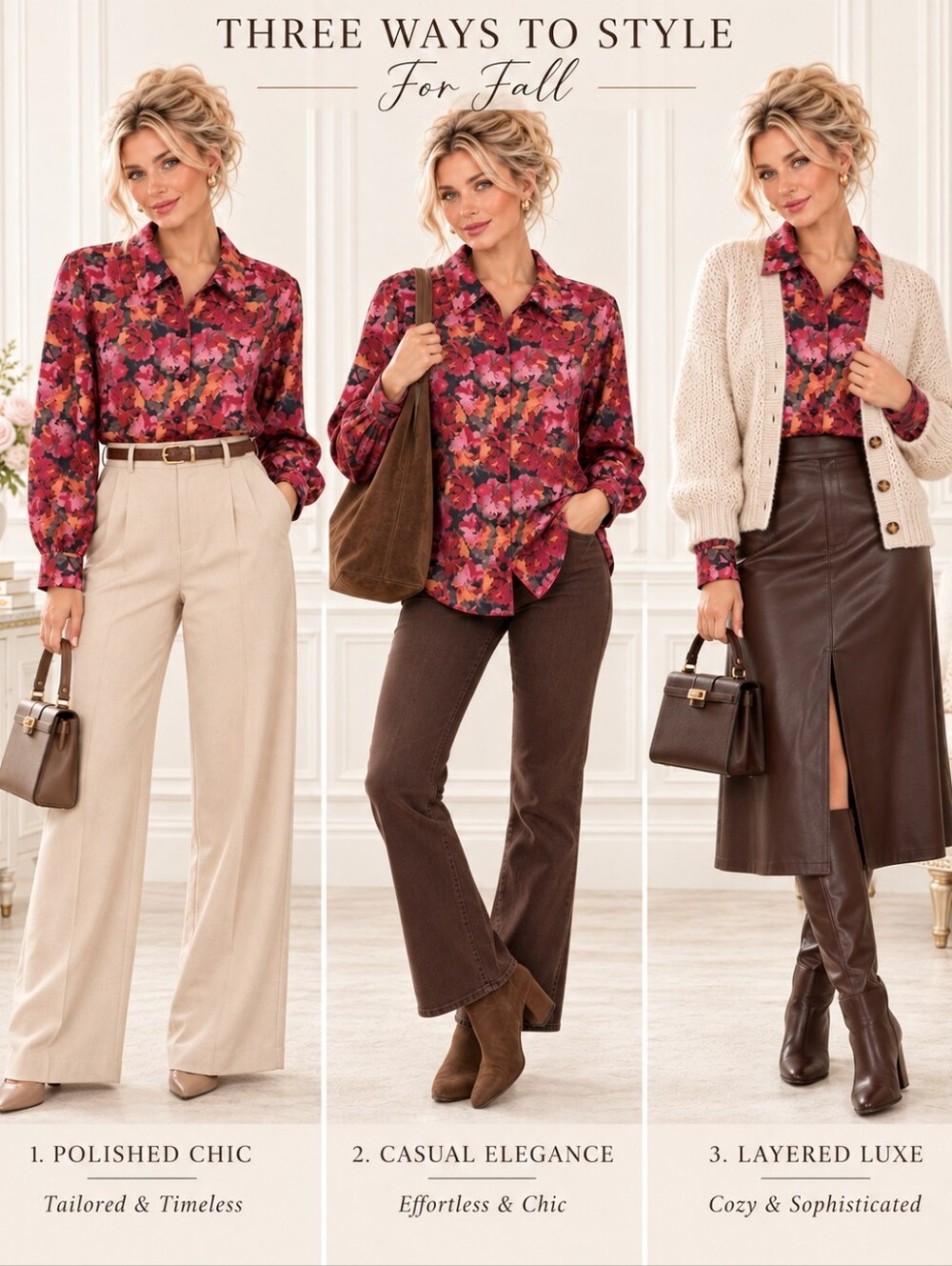 Draper’s & Damon’s | Silky Floral Button Blouse | Fall Roses | Size Large - Picture 2 of 9